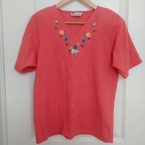 Vintage cotton blend embroidered knit top coral pink floral embroidery M…